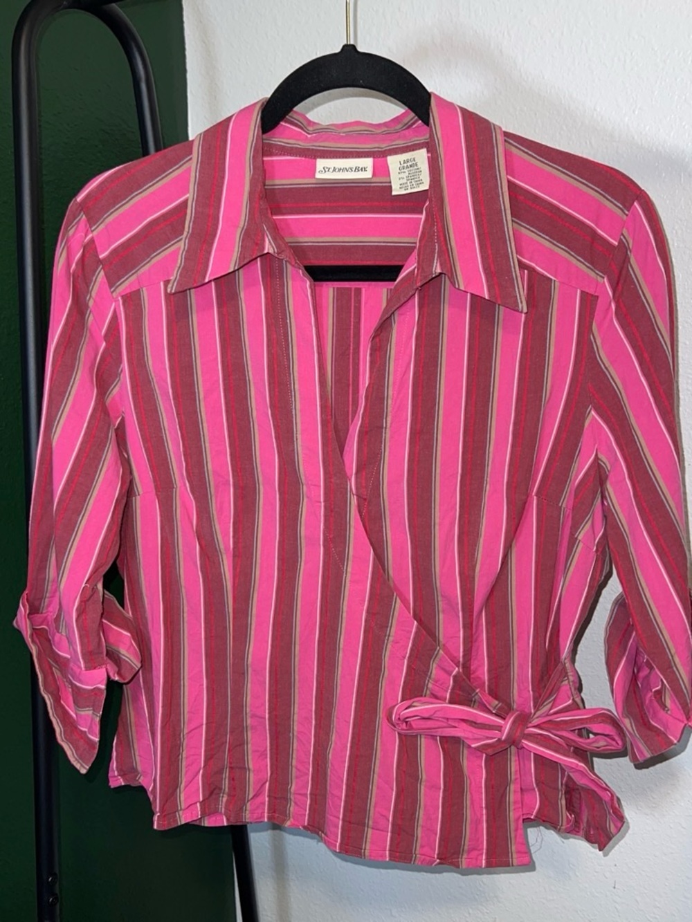 St. John's Bay Pink and Brown Striped Wrap-Front Button Down Top